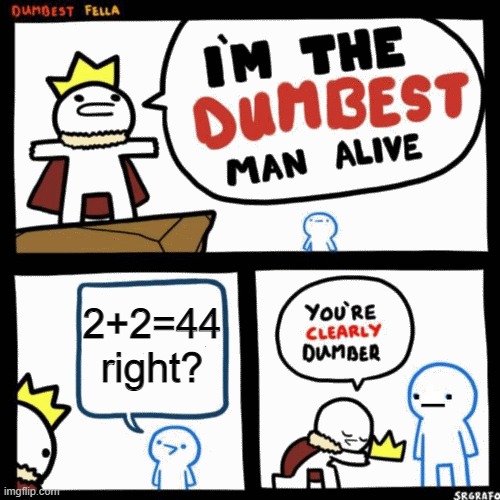 I'm the dumbest man alive | 2+2=44 right? ._. | image tagged in i'm the dumbest man alive | made w/ Imgflip meme maker