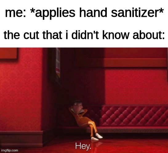 ow... | me: *applies hand sanitizer*; the cut that i didn't know about: | image tagged in vector hey | made w/ Imgflip meme maker