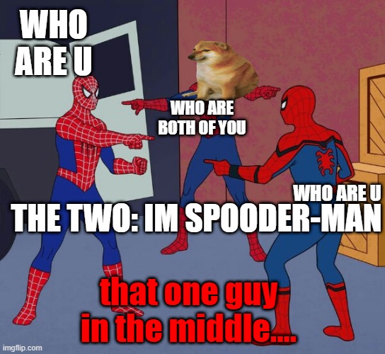spooder manz | WHO ARE U; WHO ARE BOTH OF YOU; WHO ARE U; THE TWO: IM SPOODER-MAN; that one guy in the middle.... | image tagged in spider man triple | made w/ Imgflip meme maker