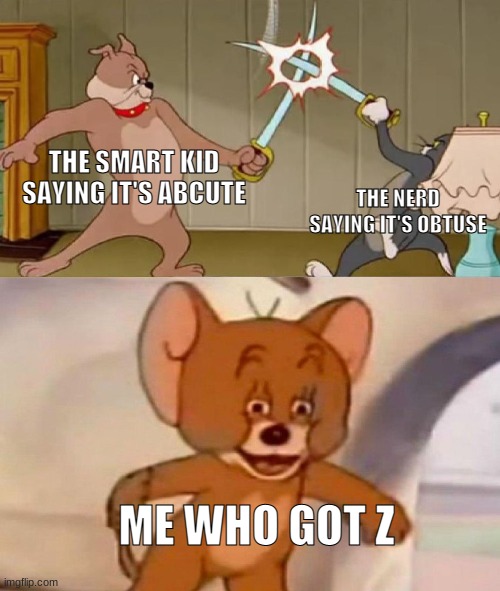 Tom and Jerry swordfight | THE SMART KID SAYING IT'S ABCUTE; THE NERD SAYING IT'S OBTUSE; ME WHO GOT Z | image tagged in tom and jerry swordfight | made w/ Imgflip meme maker