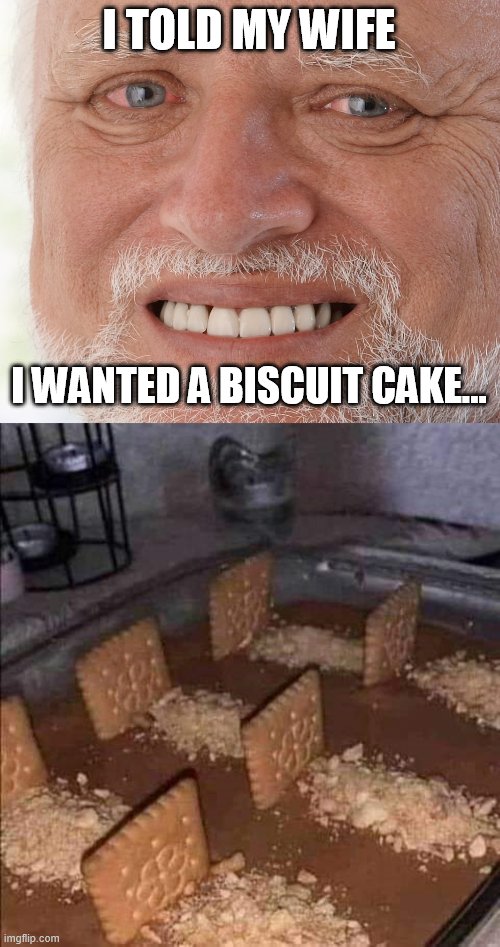 I TOLD MY WIFE; I WANTED A BISCUIT CAKE... | image tagged in hide the pain harold,cake,wife | made w/ Imgflip meme maker