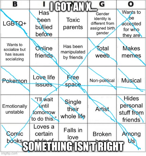 Jer-sama's Bingo |  I GOT AN X... SOMETHING ISN'T RIGHT | image tagged in jer-sama's bingo | made w/ Imgflip meme maker