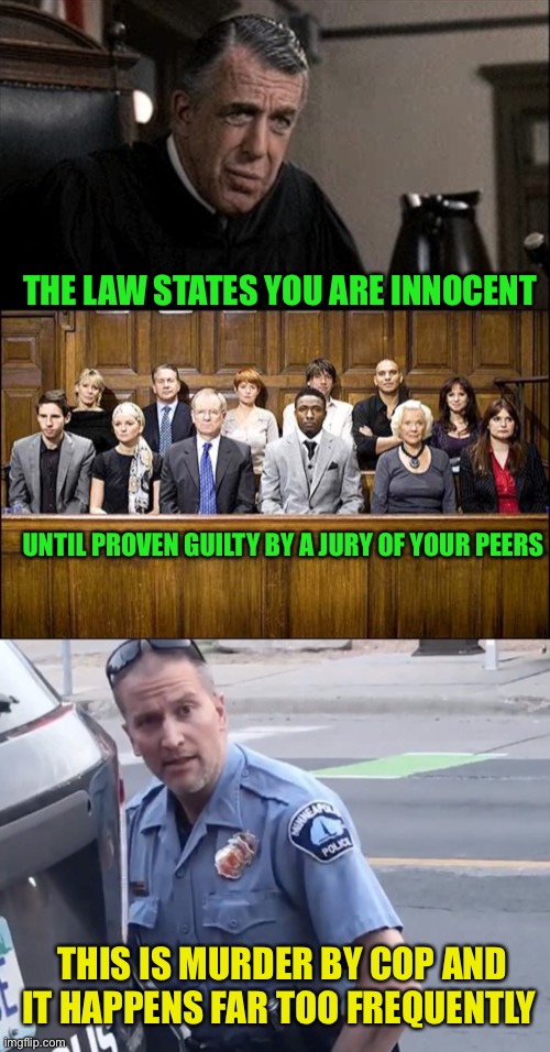Defund the police? How about fire the police and institute a new peace keeping force that follows the law | THE LAW STATES YOU ARE INNOCENT; UNTIL PROVEN GUILTY BY A JURY OF YOUR PEERS; THIS IS MURDER BY COP AND IT HAPPENS FAR TOO FREQUENTLY | image tagged in my cousin vinny judge,jury,derek chauvin murderer killer cop | made w/ Imgflip meme maker