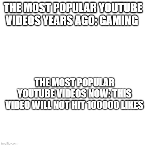 true tho | THE MOST POPULAR YOUTUBE VIDEOS YEARS AGO: GAMING; THE MOST POPULAR YOUTUBE VIDEOS NOW: THIS VIDEO WILL NOT HIT 100000 LIKES | image tagged in memes,blank transparent square | made w/ Imgflip meme maker