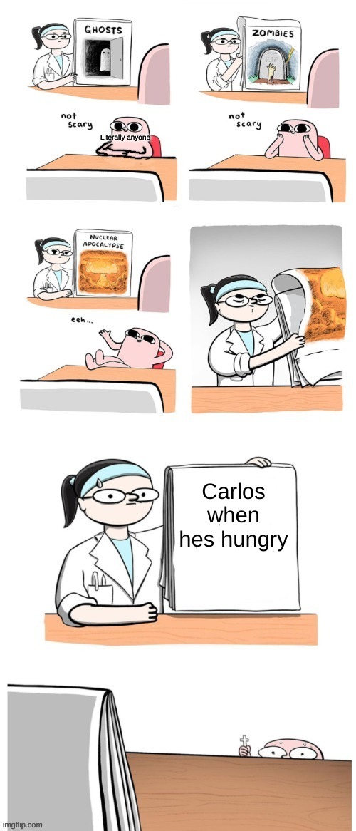 E | Literally anyone; Carlos when hes hungry | image tagged in not scary | made w/ Imgflip meme maker