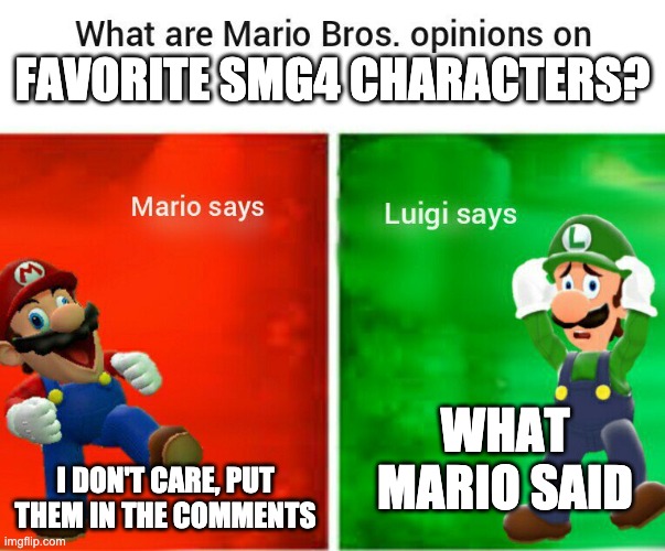 Favorite Smg4 character? Tell me in the comments! | FAVORITE SMG4 CHARACTERS? WHAT MARIO SAID; I DON'T CARE, PUT THEM IN THE COMMENTS | image tagged in smg4 mario says luigi says | made w/ Imgflip meme maker