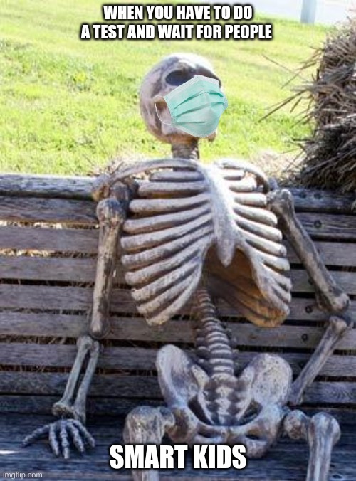 Waiting Skeleton | WHEN YOU HAVE TO DO A TEST AND WAIT FOR PEOPLE; SMART KIDS | image tagged in memes,waiting skeleton | made w/ Imgflip meme maker