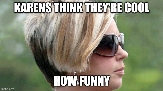 karens? in sunglasses? probably took them from the manager | KARENS THINK THEY'RE COOL; HOW FUNNY | image tagged in karen | made w/ Imgflip meme maker