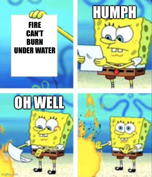 Burning paper | HUMPH; FIRE CAN'T BURN UNDER WATER; OH WELL | image tagged in funny memes | made w/ Imgflip meme maker