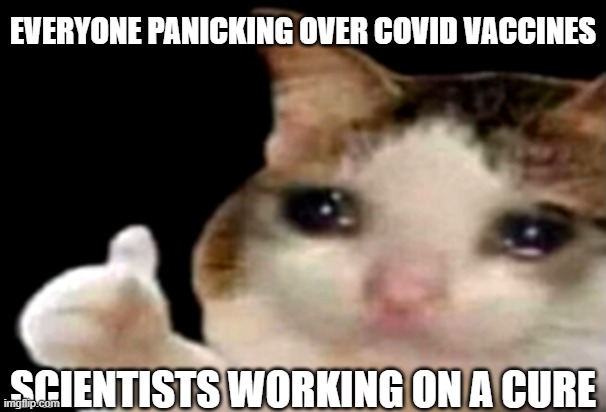 Sad cat thumbs up | EVERYONE PANICKING OVER COVID VACCINES; SCIENTISTS WORKING ON A CURE | image tagged in sad cat thumbs up | made w/ Imgflip meme maker