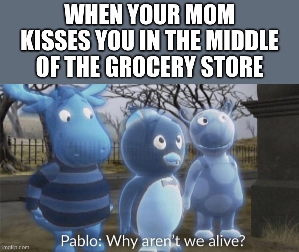 Embarrassment 101 | WHEN YOUR MOM KISSES YOU IN THE MIDDLE OF THE GROCERY STORE | image tagged in pablo why aren't we alive,memes,funny memes,moms,lol,barney will eat all of your delectable biscuits | made w/ Imgflip meme maker