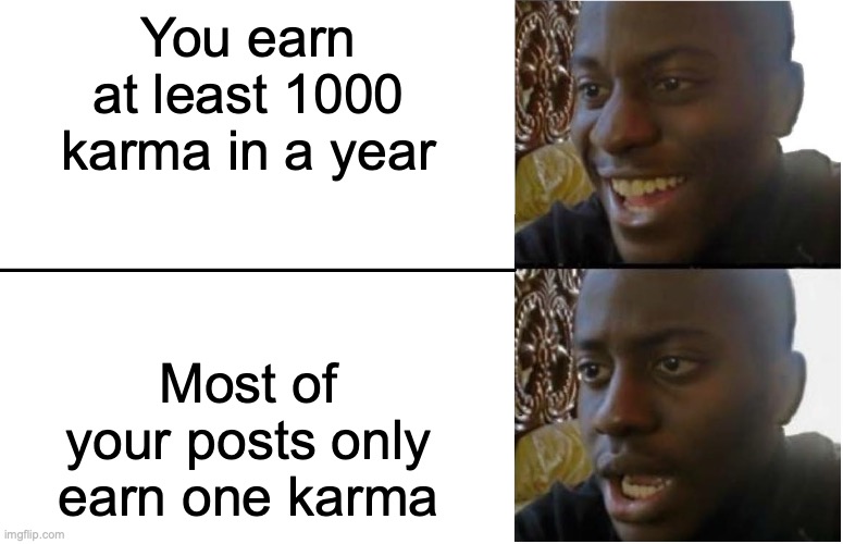 Earning Karma on Reddit | You earn at least 1000 karma in a year; Most of your posts only earn one karma | image tagged in disappointed black guy,reddit,memes | made w/ Imgflip meme maker