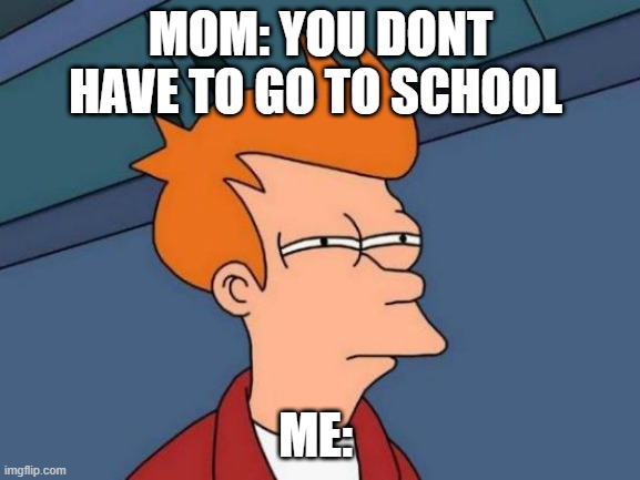 Futurama Fry Meme | MOM: YOU DONT HAVE TO GO TO SCHOOL; ME: | image tagged in memes,futurama fry | made w/ Imgflip meme maker