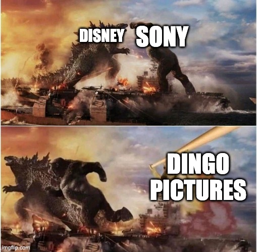 Cheems chasing Kong and Godzilla with a baseball bat | SONY; DISNEY; DINGO PICTURES | image tagged in cheems chasing kong and godzilla with a baseball bat | made w/ Imgflip meme maker