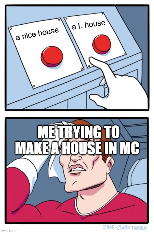 Two Buttons | a L house; a nice house; ME TRYING TO MAKE A HOUSE IN MC | image tagged in memes,two buttons | made w/ Imgflip meme maker