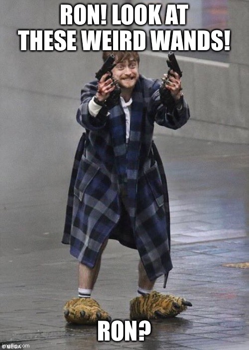 My second meme | RON! LOOK AT THESE WEIRD WANDS! RON? | image tagged in harry potter guns | made w/ Imgflip meme maker