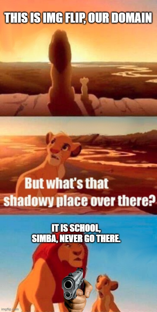 true do | THIS IS IMG FLIP, OUR DOMAIN; IT IS SCHOOL, SIMBA, NEVER GO THERE. | image tagged in memes,simba shadowy place,school | made w/ Imgflip meme maker