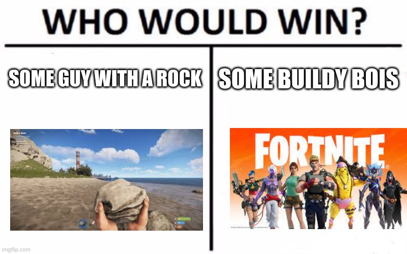 Who Would Win? Meme | SOME GUY WITH A ROCK; SOME BUILDY BOIS | image tagged in memes,who would win | made w/ Imgflip meme maker