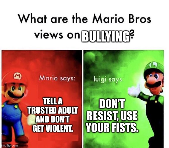 Sorry if this has been done before lol | BULLYING; TELL A TRUSTED ADULT AND DON’T GET VIOLENT. DON’T RESIST, USE YOUR FISTS. | image tagged in mario bros views | made w/ Imgflip meme maker