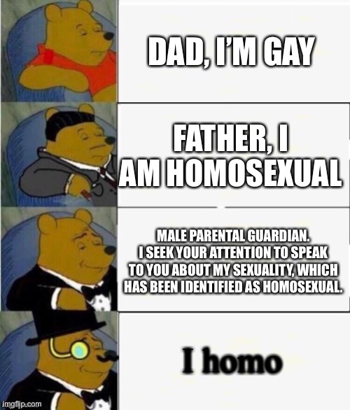 Winnie the Gay | DAD, I’M GAY; FATHER, I AM HOMOSEXUAL; MALE PARENTAL GUARDIAN. I SEEK YOUR ATTENTION TO SPEAK TO YOU ABOUT MY SEXUALITY, WHICH HAS BEEN IDENTIFIED AS HOMOSEXUAL. I homo | image tagged in tuxedo winnie the pooh 4 panel | made w/ Imgflip meme maker