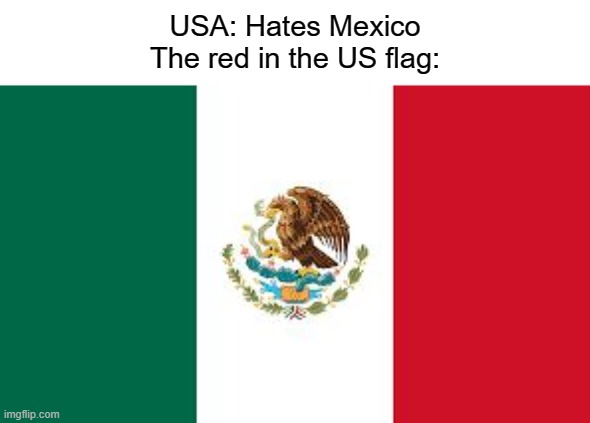 Its Mexican red | USA: Hates Mexico
The red in the US flag: | image tagged in mexican flag,flags,ironic | made w/ Imgflip meme maker