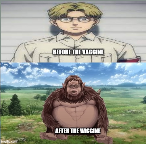 monkey | BEFORE THE VACCINE; AFTER THE VACCINE | image tagged in monkey,snk,sieg,covid,aot,anime meme | made w/ Imgflip meme maker