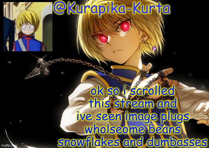 Kurapika Announcement | ok so i scrolled this stream and ive seen image plugs wholseome beans snowflakes and dumbasses | image tagged in kurapika announcement | made w/ Imgflip meme maker