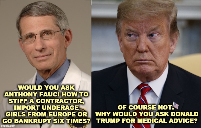 Dr.Fauci discovered cures for 3 diseases. Trump knows nothing about medicine and we've got the graveyards to prove it. | WOULD YOU ASK ANTHONY FAUCI HOW TO STIFF A CONTRACTOR, IMPORT UNDERAGE GIRLS FROM EUROPE OR GO BANKRUPT SIX TIMES? OF COURSE NOT. 
WHY WOULD YOU ASK DONALD TRUMP FOR MEDICAL ADVICE? | image tagged in dr fauci,trump eye slide - caught,fauci,smart,trump,murderer | made w/ Imgflip meme maker