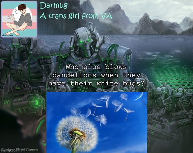 Darmug's announcement template | Who else blows dandelions when they have their white buds? | image tagged in darmug's announcement template | made w/ Imgflip meme maker