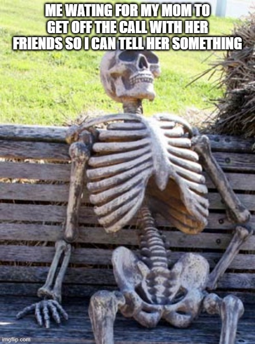 Meme | ME WATING FOR MY MOM TO GET OFF THE CALL WITH HER FRIENDS SO I CAN TELL HER SOMETHING | image tagged in the waiting skeleton | made w/ Imgflip meme maker