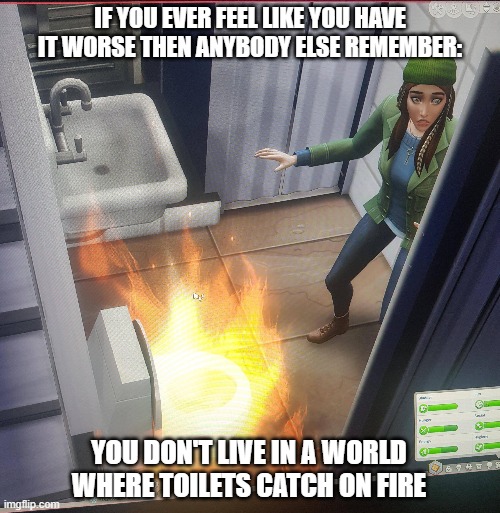 IF YOU EVER FEEL LIKE YOU HAVE IT WORSE THEN ANYBODY ELSE REMEMBER:; YOU DON'T LIVE IN A WORLD WHERE TOILETS CATCH ON FIRE | image tagged in memes | made w/ Imgflip meme maker
