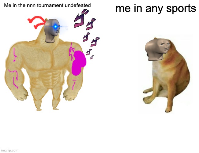 Buff Doge vs. Cheems Meme | Me in the nnn tournament undefeated; me in any sports | image tagged in memes,buff doge vs cheems | made w/ Imgflip meme maker