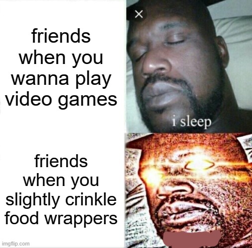 Sleeping Shaq | friends when you wanna play video games; friends when you slightly crinkle food wrappers | image tagged in memes,sleeping shaq | made w/ Imgflip meme maker