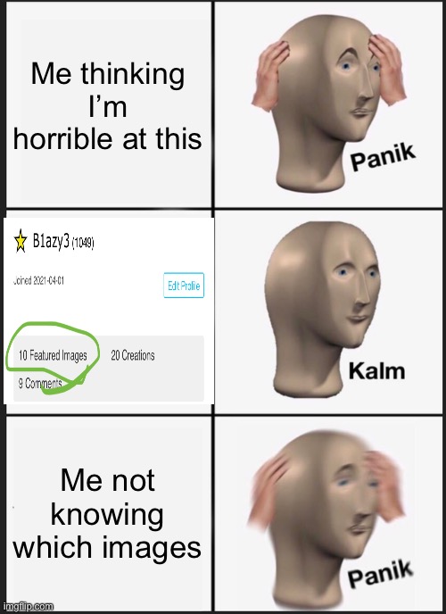 Panik Kalm Panik Meme | Me thinking I’m horrible at this; Me not knowing which images | image tagged in memes,panik kalm panik | made w/ Imgflip meme maker