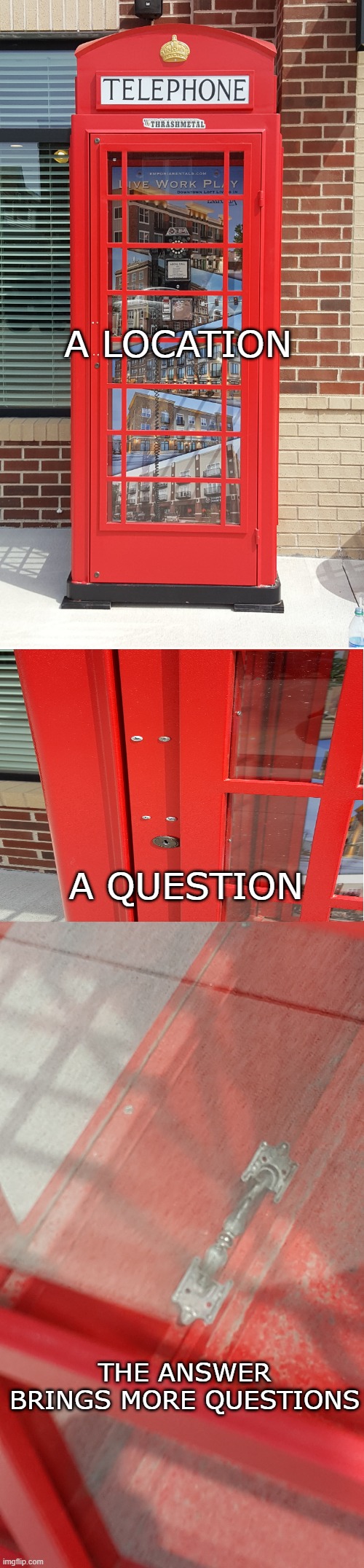 A mystery in three acts | A LOCATION; A QUESTION; THE ANSWER BRINGS MORE QUESTIONS | image tagged in blank white template | made w/ Imgflip meme maker