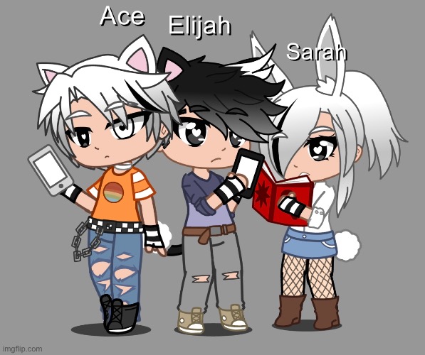 Three of my ocs, Oldest is Ace. Elijah and Sarah are twins :P | made w/ Imgflip meme maker