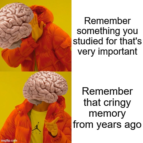 Drake Hotline Bling |  Remember something you studied for that's very important; Remember that cringy memory from years ago | image tagged in memes,drake hotline bling,brain,memories | made w/ Imgflip meme maker