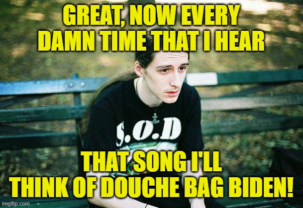 First World Metal Problems | GREAT, NOW EVERY DAMN TIME THAT I HEAR THAT SONG I'LL THINK OF DOUCHE BAG BIDEN! | image tagged in first world metal problems | made w/ Imgflip meme maker