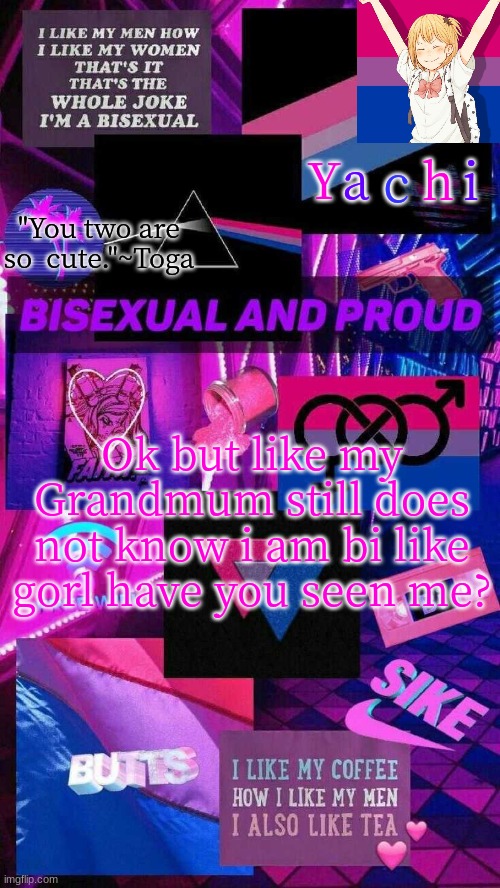 Yachis bi temp | Ok but like my Grandmum still does not know i am bi like gorl have you seen me? | image tagged in yachis bi temp | made w/ Imgflip meme maker