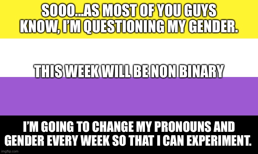 Thanks for support :D | SOOO...AS MOST OF YOU GUYS KNOW, I’M QUESTIONING MY GENDER. THIS WEEK WILL BE NON BINARY; I’M GOING TO CHANGE MY PRONOUNS AND GENDER EVERY WEEK SO THAT I CAN EXPERIMENT. | image tagged in nonbinary | made w/ Imgflip meme maker