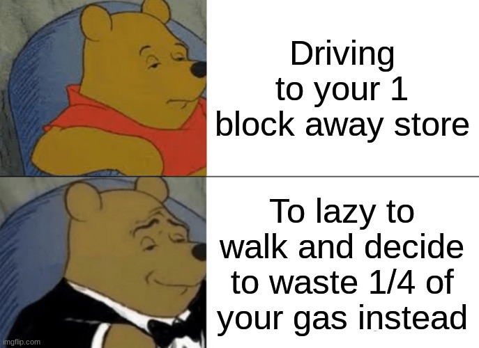 Tuxedo Winnie The Pooh | Driving to your 1 block away store; To lazy to walk and decide to waste 1/4 of your gas instead | image tagged in memes,tuxedo winnie the pooh | made w/ Imgflip meme maker