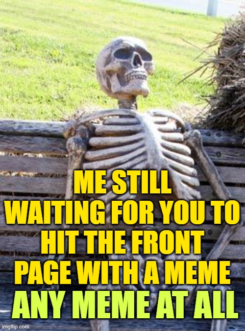 Waiting Skeleton Meme | ANY MEME AT ALL ME STILL WAITING FOR YOU TO HIT THE FRONT PAGE WITH A MEME | image tagged in memes,waiting skeleton | made w/ Imgflip meme maker