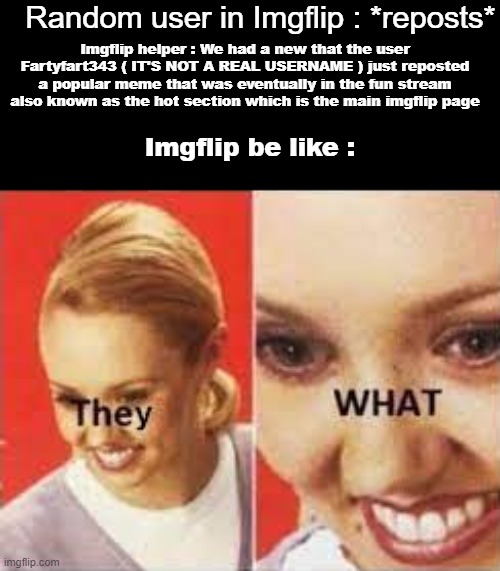 They WHAT? | Random user in Imgflip : *reposts*; Imgflip helper : We had a new that the user Fartyfart343 ( IT'S NOT A REAL USERNAME ) just reposted a popular meme that was eventually in the fun stream also known as the hot section which is the main imgflip page; Imgflip be like : | image tagged in woman,the what | made w/ Imgflip meme maker