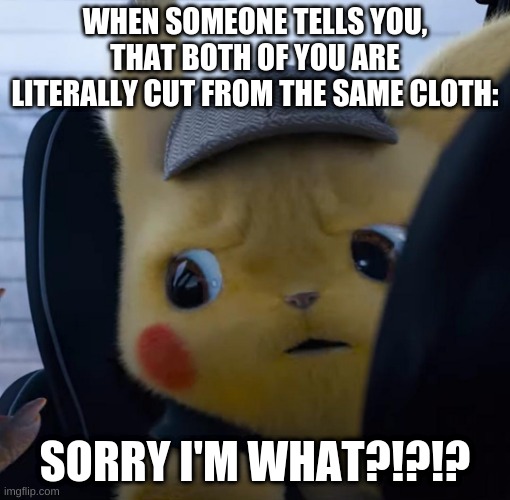 As in you were made out of cloth |  WHEN SOMEONE TELLS YOU, THAT BOTH OF YOU ARE LITERALLY CUT FROM THE SAME CLOTH:; SORRY I'M WHAT?!?!? | image tagged in unsettled detective pikachu | made w/ Imgflip meme maker