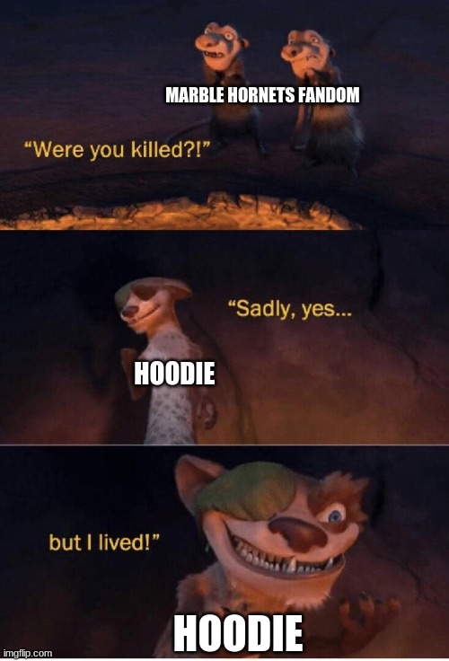 true tho | MARBLE HORNETS FANDOM; HOODIE; HOODIE | image tagged in sadly yes but i lived | made w/ Imgflip meme maker