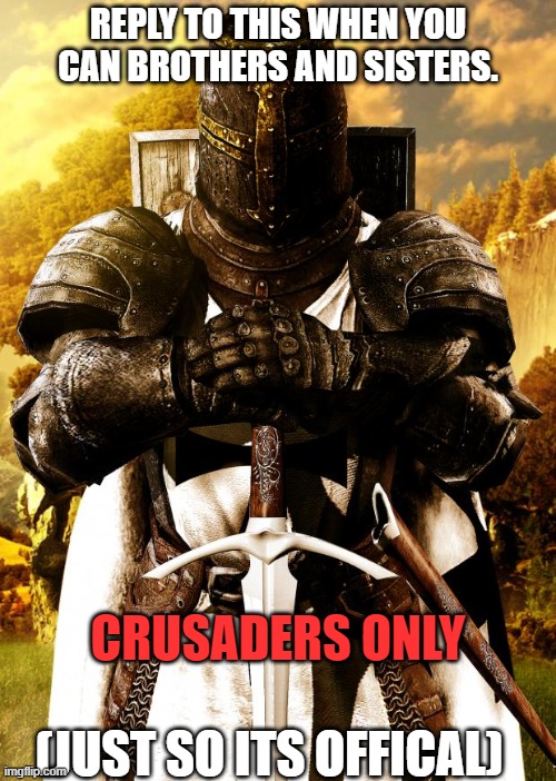 this is it brothers and sisters.... | REPLY TO THIS WHEN YOU CAN BROTHERS AND SISTERS. CRUSADERS ONLY; (JUST SO ITS OFFICAL) | image tagged in crusader,change,knight | made w/ Imgflip meme maker