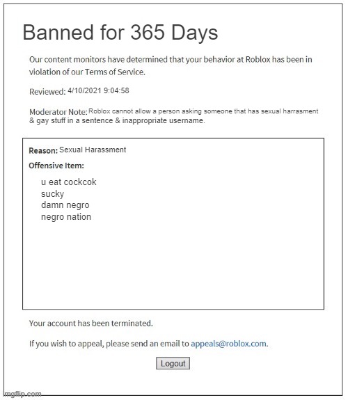Sexual Harassment & Gay Stuff | Banned for 365 Days; 4/10/2021 9:04:58; Roblox cannot allow a person asking someone that has sexual harrasment; & gay stuff in a sentence & inappropriate username. Sexual Harassment; u eat cockcok

sucky

damn negro

negro nation | image tagged in moderation system | made w/ Imgflip meme maker