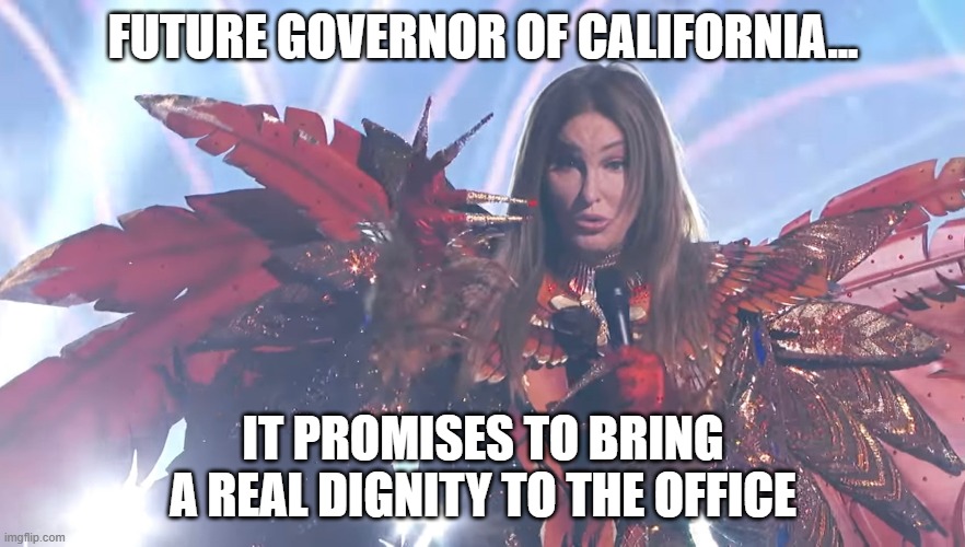 Governor WTF??? | FUTURE GOVERNOR OF CALIFORNIA... IT PROMISES TO BRING A REAL DIGNITY TO THE OFFICE | image tagged in california,brucaitlyn jenner,caitlyn jenner,masked singer | made w/ Imgflip meme maker