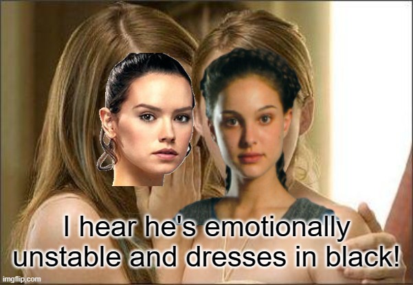 I hear he's emotionally unstable and dresses in black! | image tagged in rey,padme,star wars,anakin skywalker,anakin,kylo ren | made w/ Imgflip meme maker