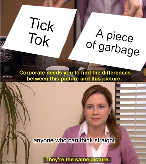 They're The Same Picture Meme | Tick Tok; A piece of garbage; anyone who can think straight | image tagged in memes,they're the same picture | made w/ Imgflip meme maker